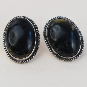 Large jasper earrings stud, bold black oval earrings sterling silver vintage